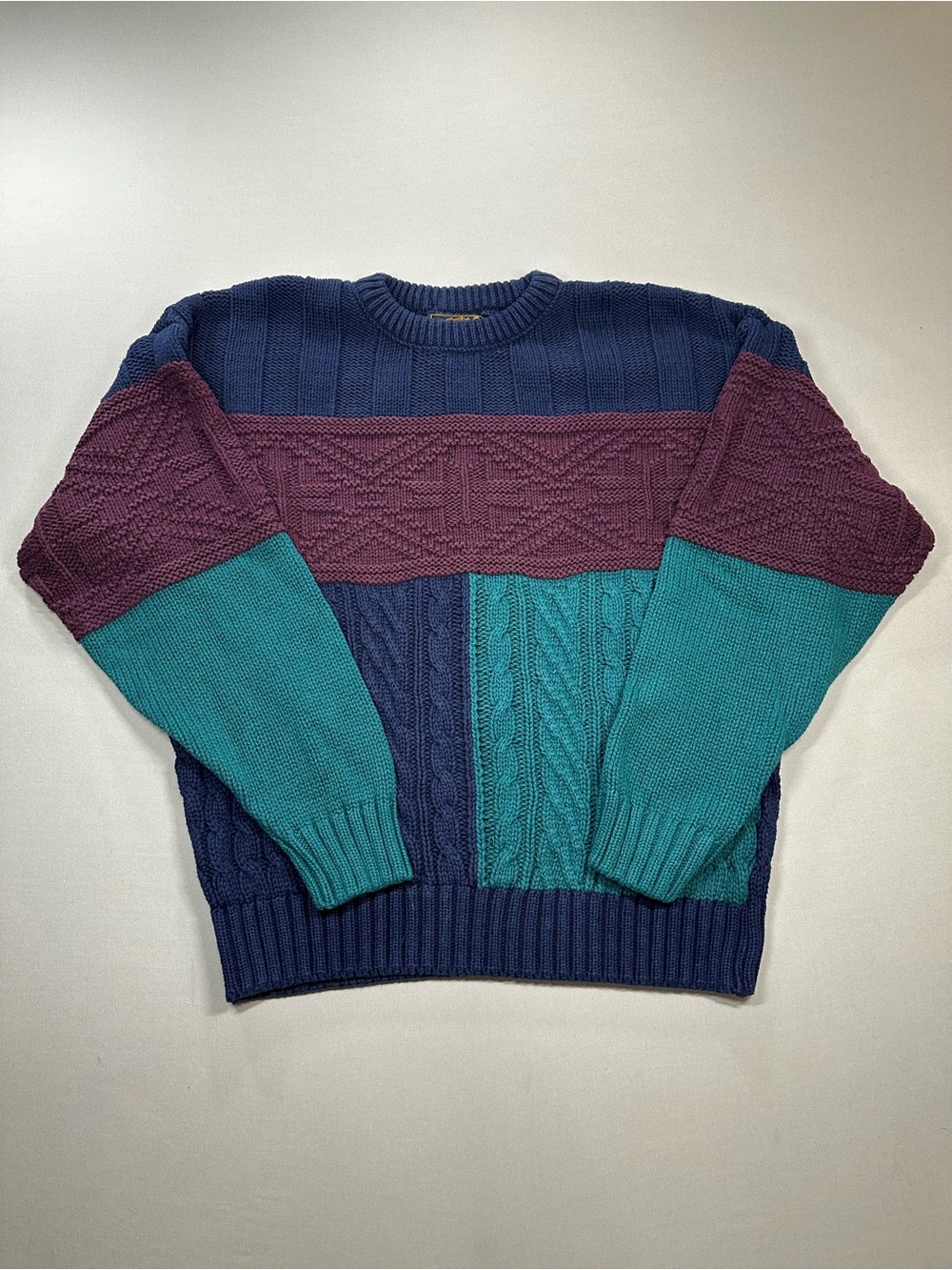 VINTAGE Eddie Bauer 90s Fisherman Colorblock Crew Cableknit Sweater - Mens Large